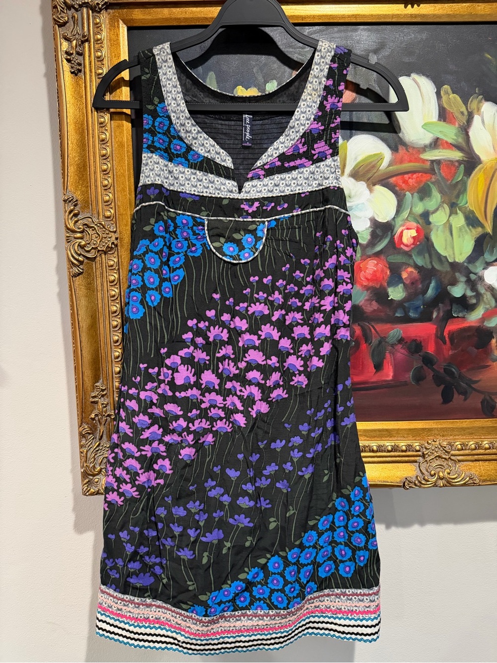Free People Black Sleeveless Floral Dress with Purple & Blue Accents